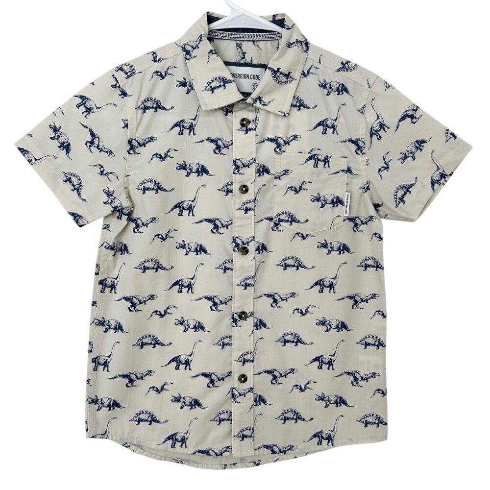 Sovereign Code Boys Dinosaur Print Cotton Button Up Short‎ Sleeve Shirt NWT 7